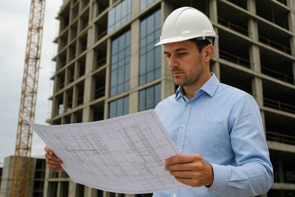 A Engineer reviewing blueprints at a modern building construction site, symbolizing the history and evolution of Structural Engineering.