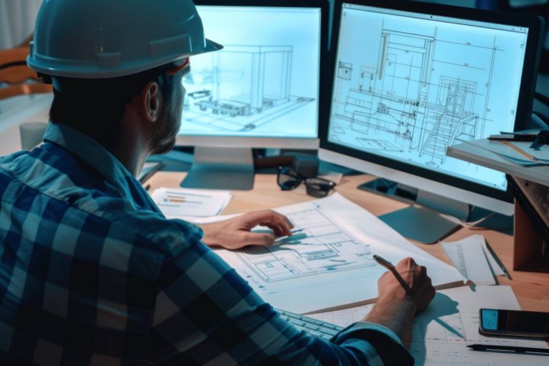 MEP engineer reviewing construction drawings and BIM coordination plans for building services